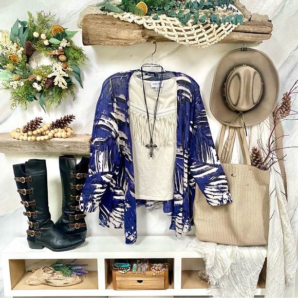 Anthropologie Sweaters - Anthropologie Blue and White Abstract Print Cardigan